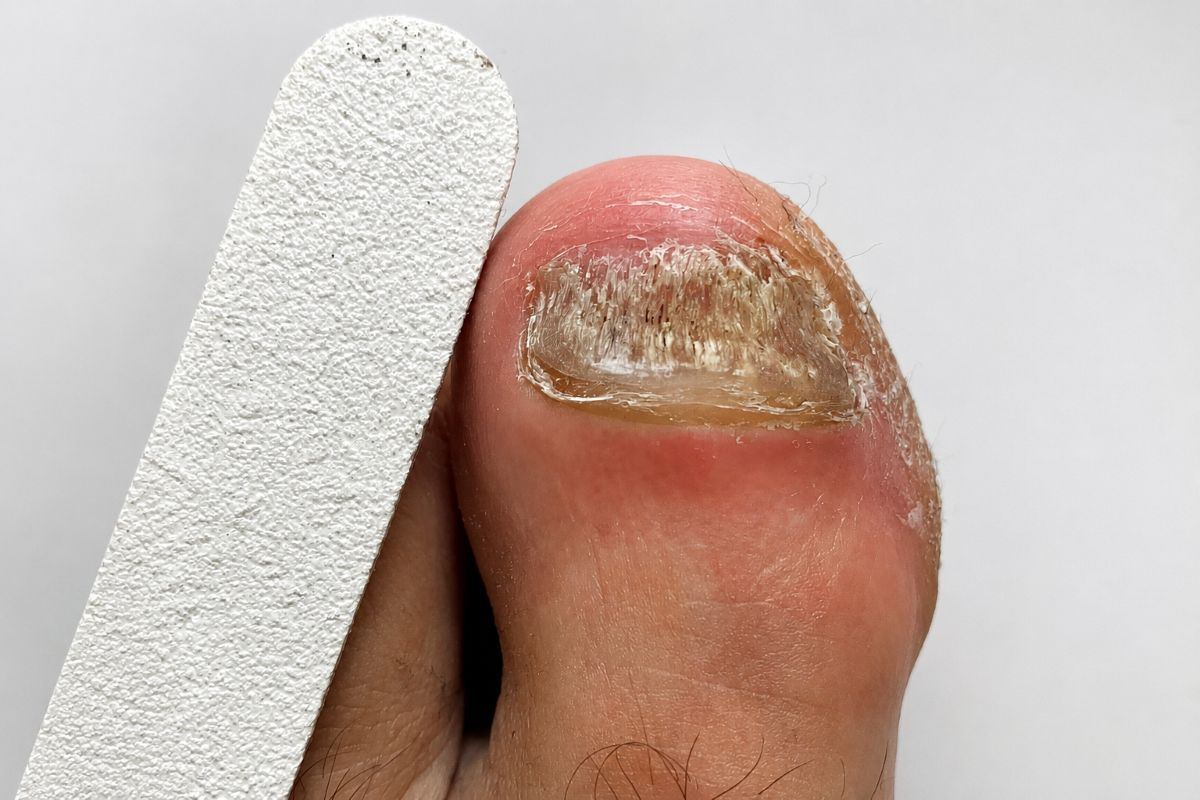 Nagelfeile bei Nagelpilz neben betroffenerm großen Zeh